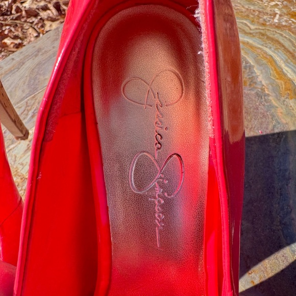 Jessica Simpson coral patent leather sling back peep toe cork heel platforms - Picture 8 of 8